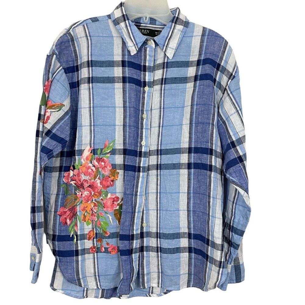Lauren Ralph Lauren Button Up Shirt Petite Sz PM Blue Linen Painted Floral